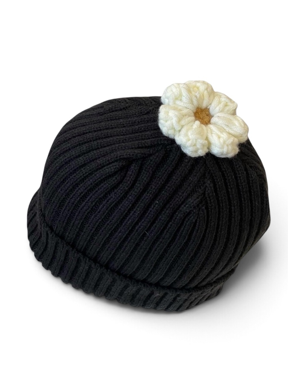 Black Knit Beanie with Flower